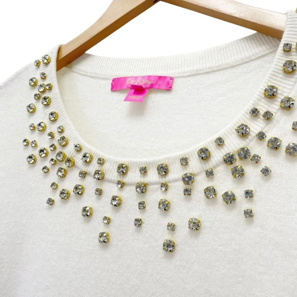 Lilly Pulitzer Coconut Odetta Sweater Wool Blend Rhinestone Neckline Size Large - Picture 5 of 13